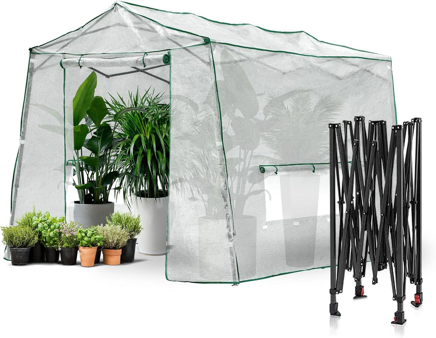 Portable Walk-in Greenhouse, Easy Assembly, Roll-up Windows, Zippered Doors