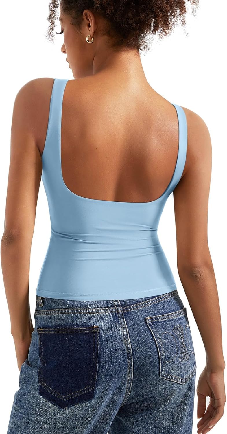 Padded Open Back Boat Neck Tank Tops for Women - Trendy Style
