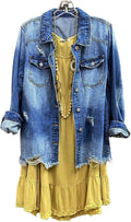 Women Denim Shirt Jacket Long Sleeve Shacket Coat - Distressed