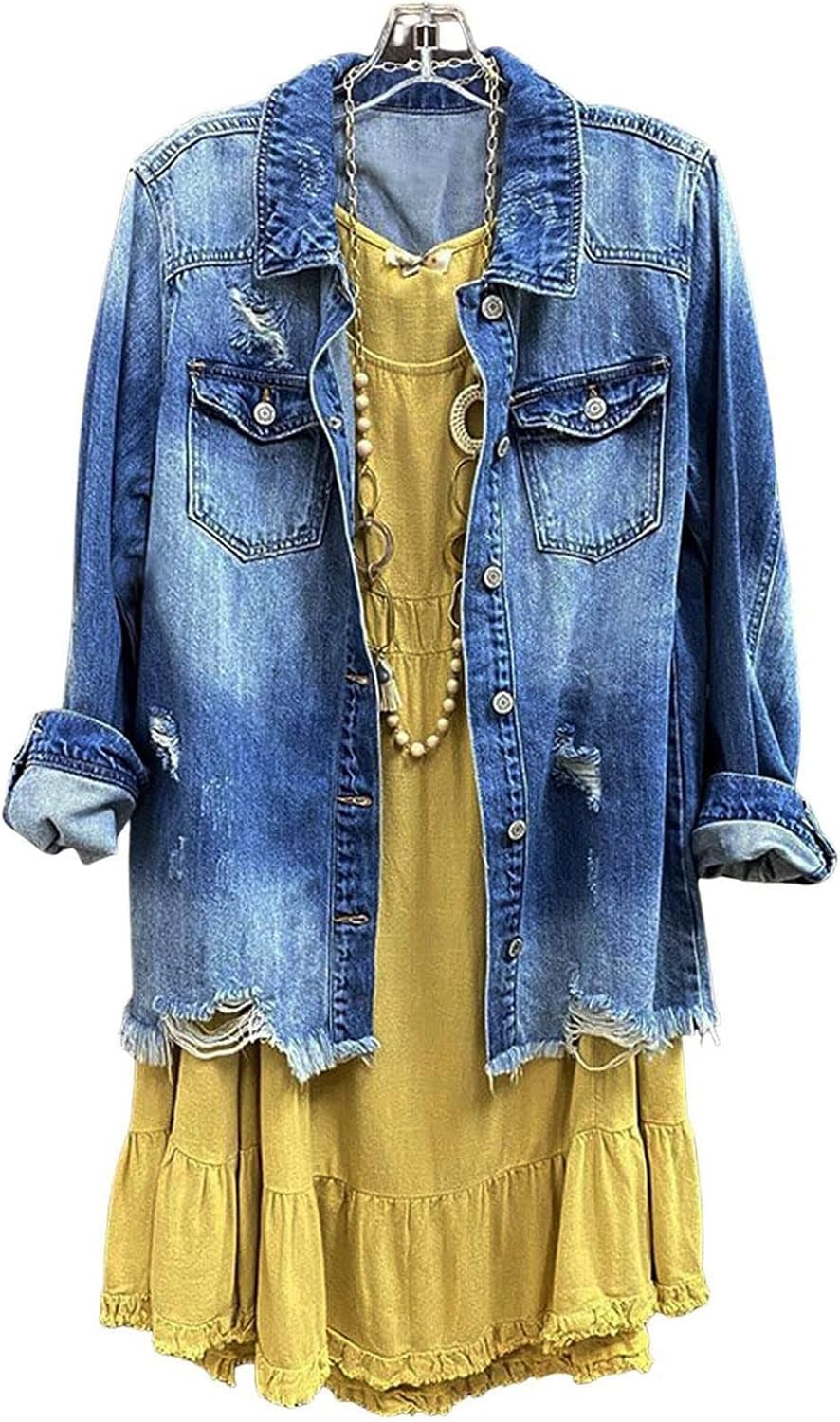 Women Denim Shirt Jacket Long Sleeve Shacket Coat Distressed