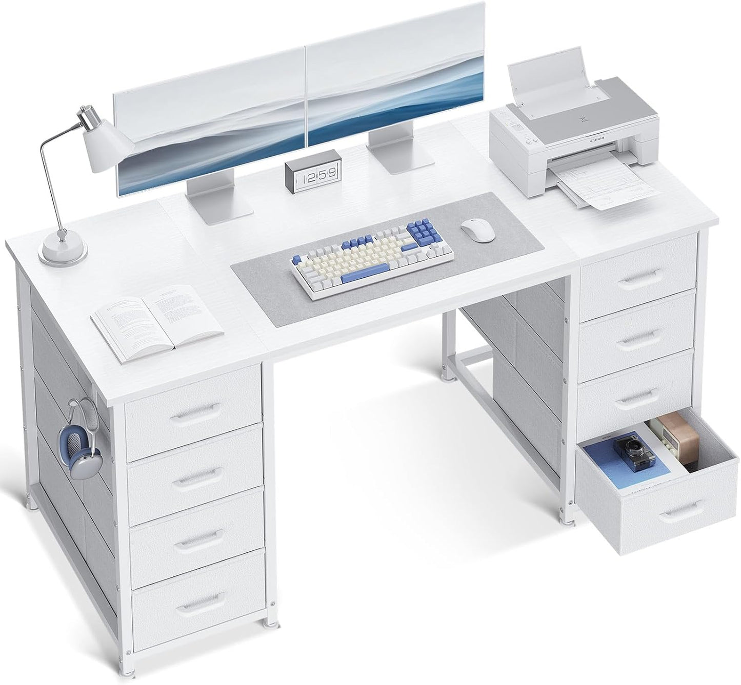 ODK 48 Inch White Computer Desk with 8 Fabric Drawers for Home