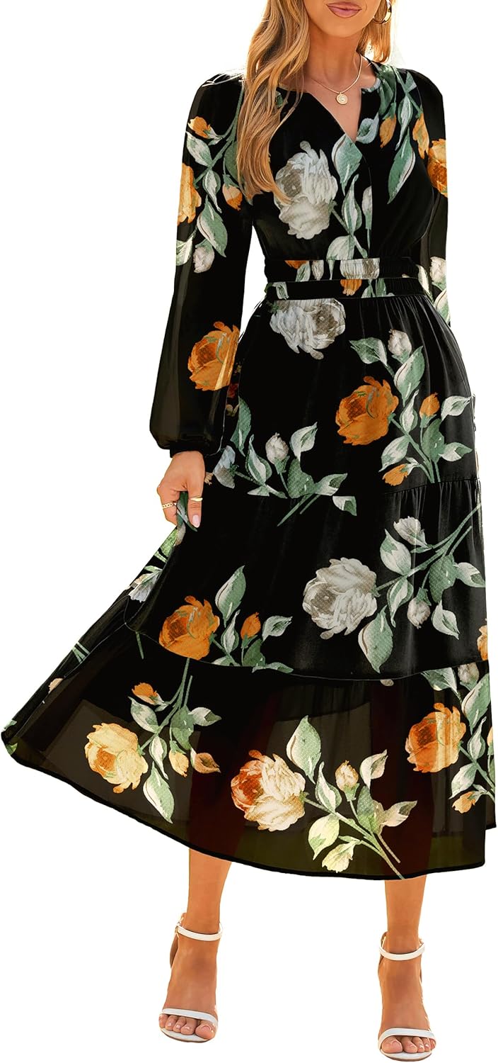 Simplee Women's Floral Boho Long Sleeve Maxi Dress for Weddings