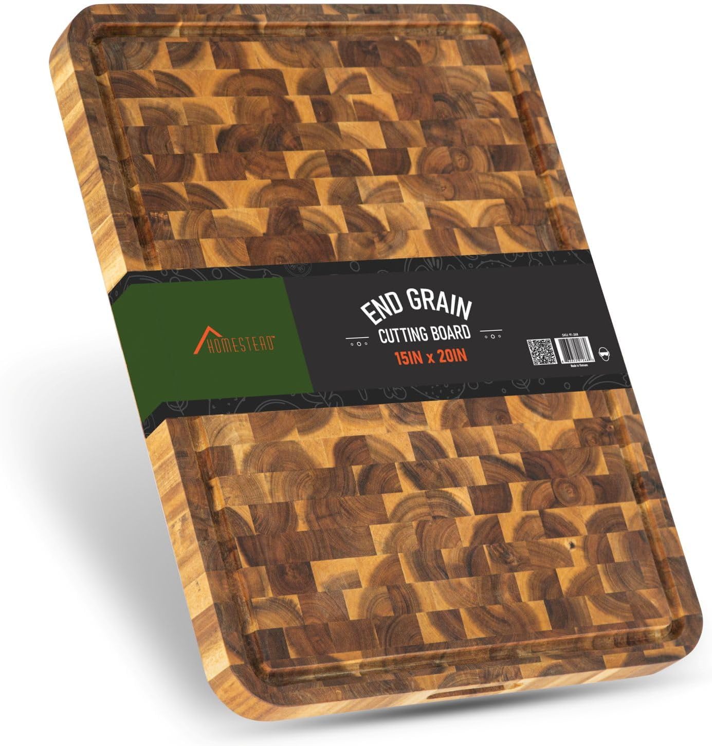 End Grain Acacia Cutting Board - Large Butcher Block with Groove