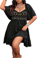 Women's Plus Size Western Cowgirl Floral Embroidered Mini Dress