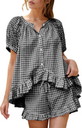 Womens Gingham Cotton Pajama Set - Puff Sleeve Ruffle Shorts