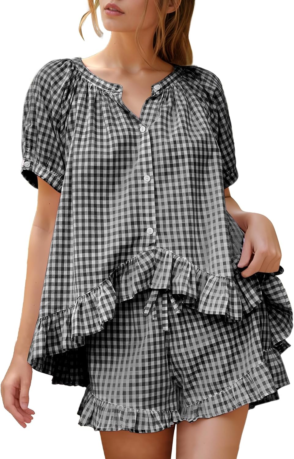 Flygo Womens Gingham Pajamas Set for Summer Comfort and Style
