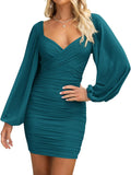 Fall Dresses for Women 2025 V Neck Mesh Long Sleeve Bodycon - Short