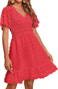 Womens Beach Vacation V Neck Smocked Swiss Dot Mini Dress - Flattering