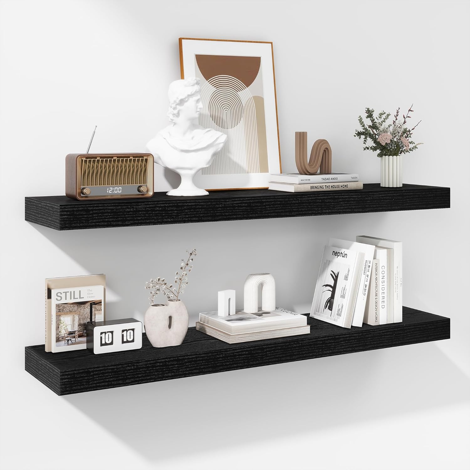 36 Inch Floating Shelves - Rustic Black Wooden Wall Storage