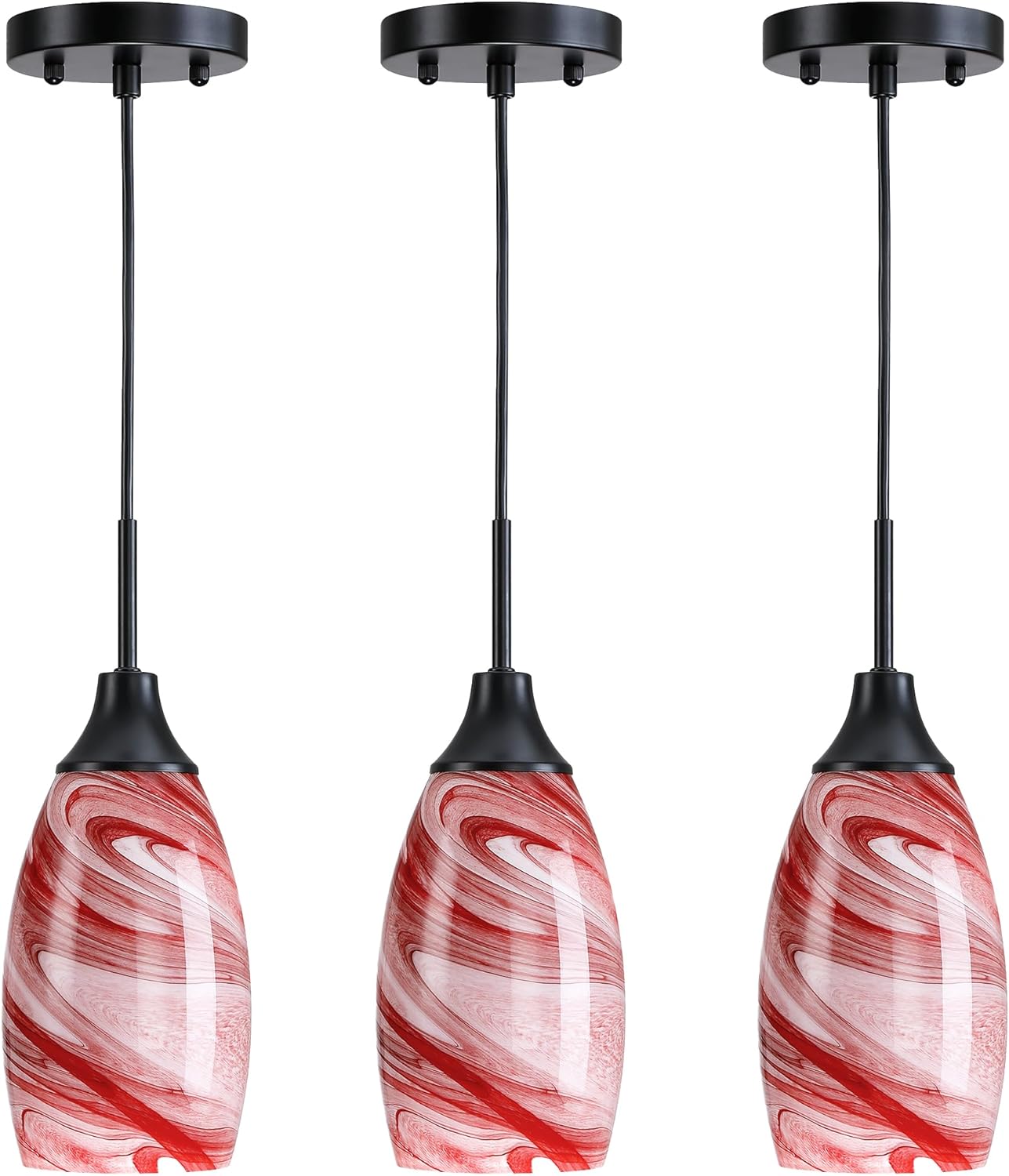 3-Pack Mini Glass Pendant Light with Handblown Burgundy Art