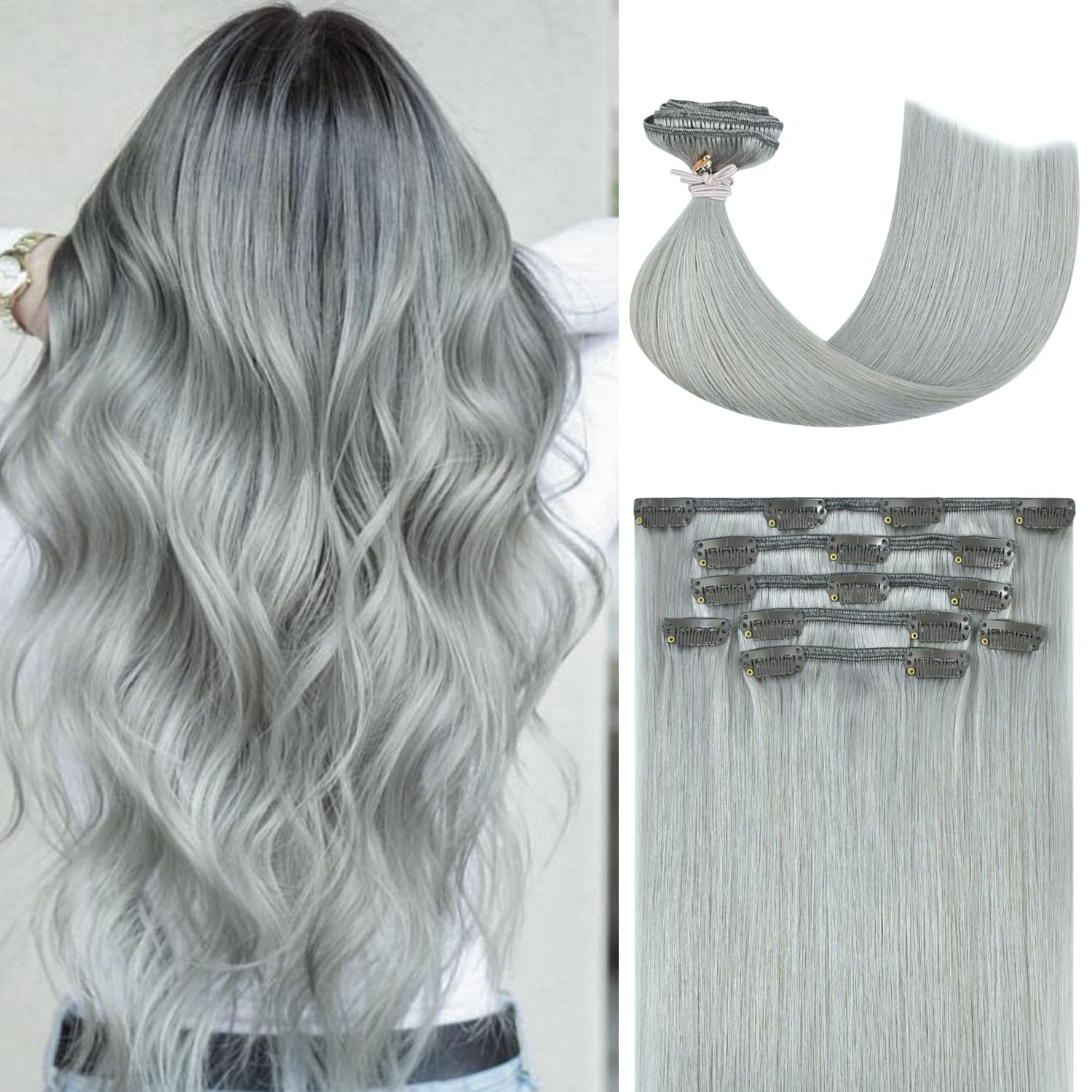 Honsoo Gray Hair Extensions Real Human Hair Clip Ins for Style
