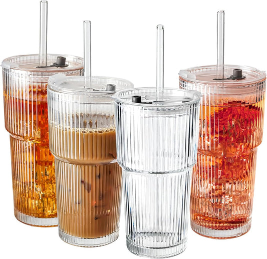 20oz Ribbed Glass Tumblers with Lids & Straws for Drinks