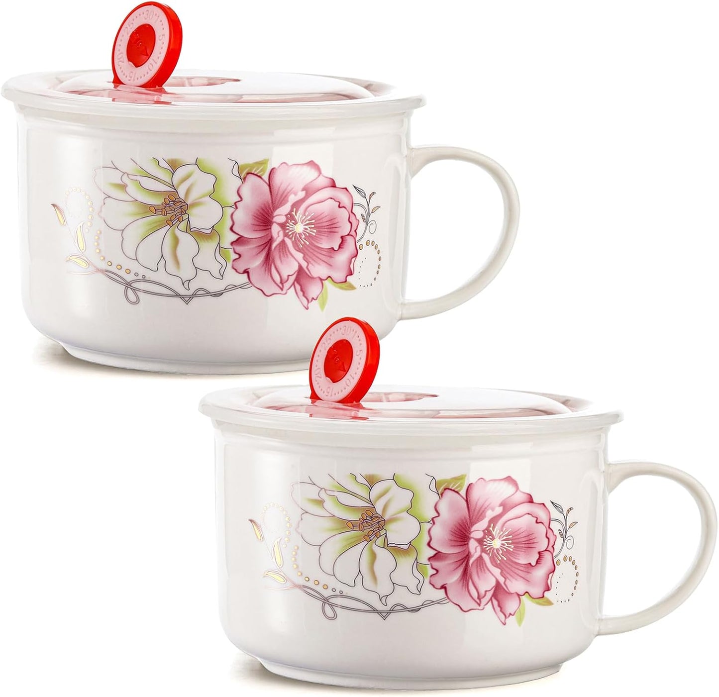 Rose Ceramic Soup Bowls - 2 Pack, 27 Oz, Vented Lid