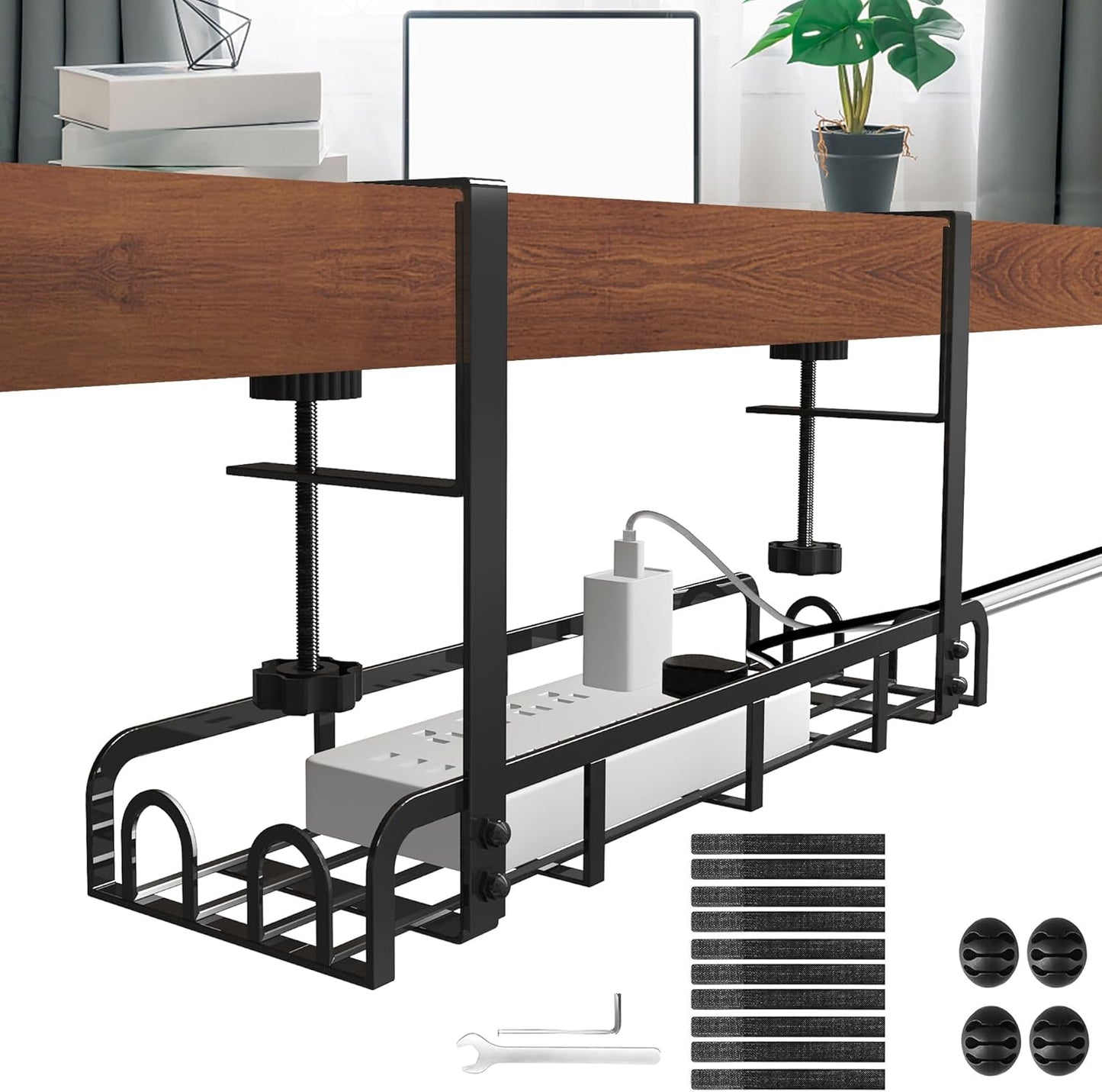 Sleek Steel Cable Tray 2 Pack, No-Drill Wire Management, Damage-Free Desk, 16.6x4.7