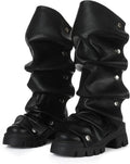 Slouchy Boots for Women Fold Over Mid-Calf Boots - Chunky Heel