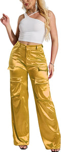 Womens High Waisted Satin Cargo Pants Loose Fit Wide Leg Trousers tall