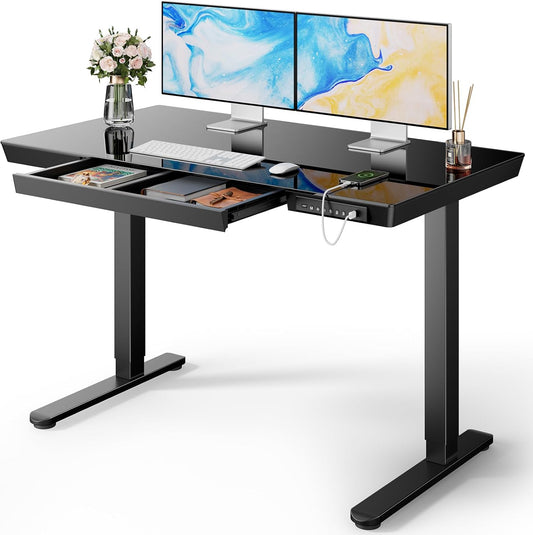 Marsail Glass Standing Desk with Drawer for Home & Office
