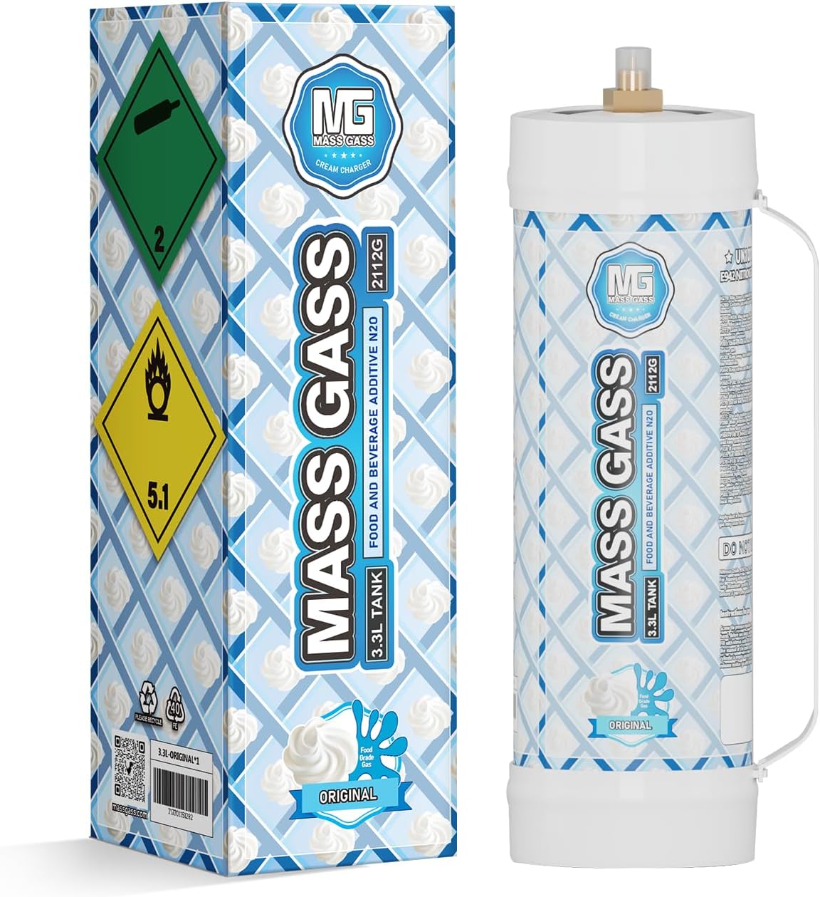 Mass Gass Whipped Cream Chargers - 3.3L Tank for Flawless Whipping