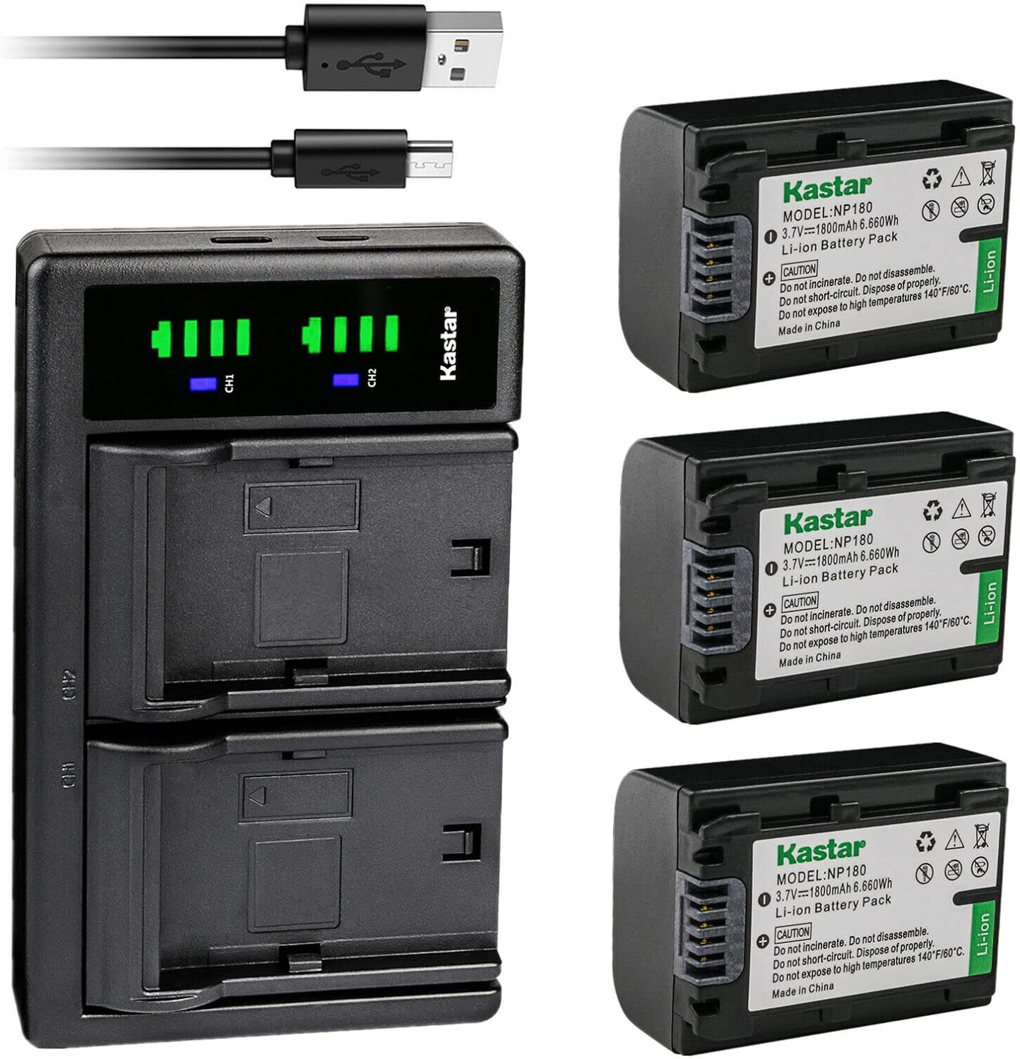 Kastar 3-Pack Battery and USB Charger for Ordro NP-180 Cameras