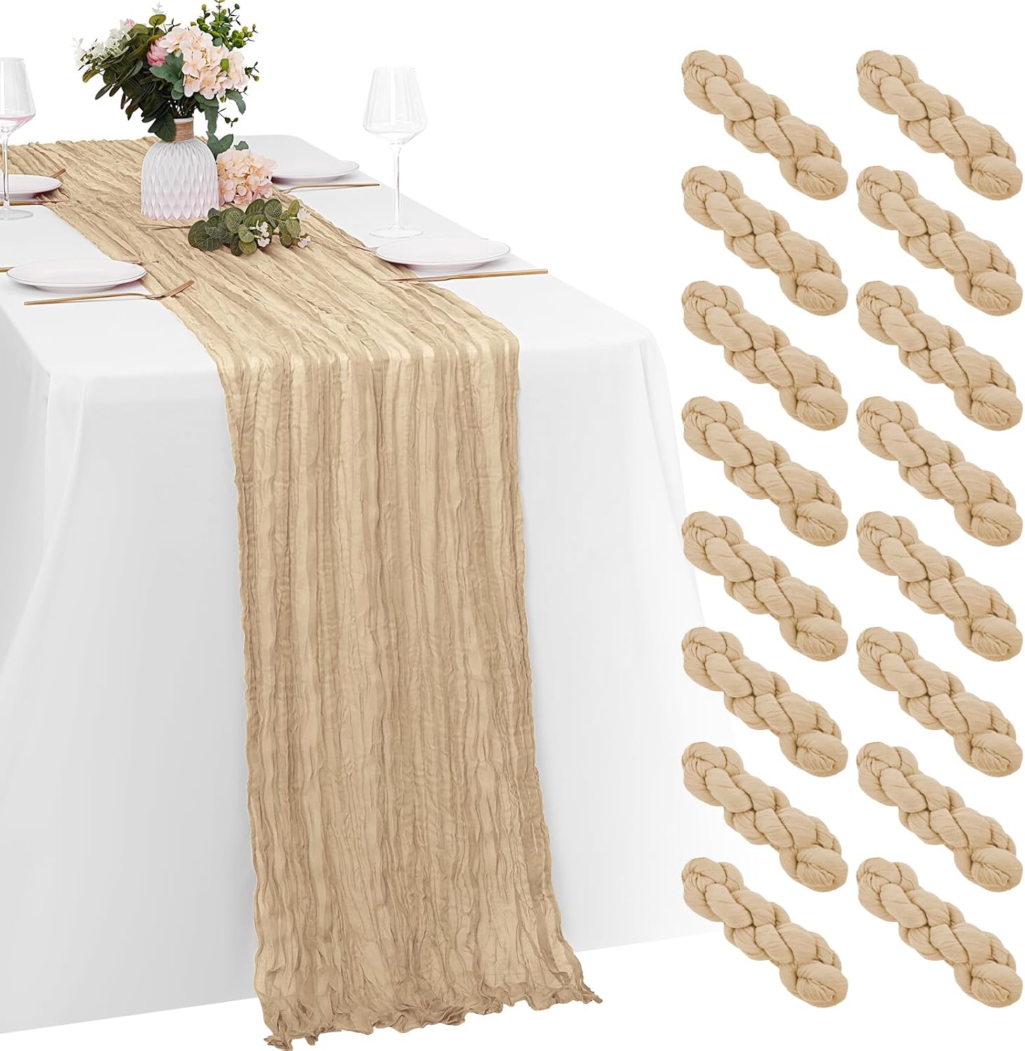 16 Pack Beige Cheesecloth Table Runners for Elegant Events