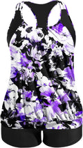 Plus Size Tankini Swimsuit for Women Purple Flowers - Tummy Control