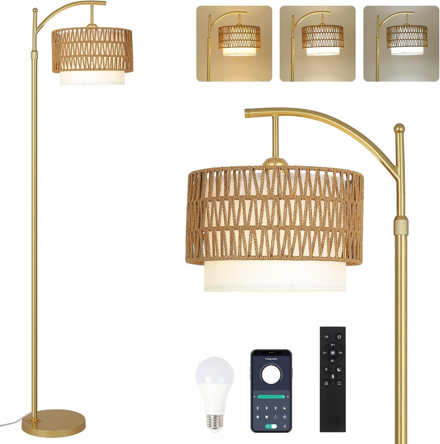 Gold Floor Lamps for Living Room with Remote & Dimmable LED Bulb