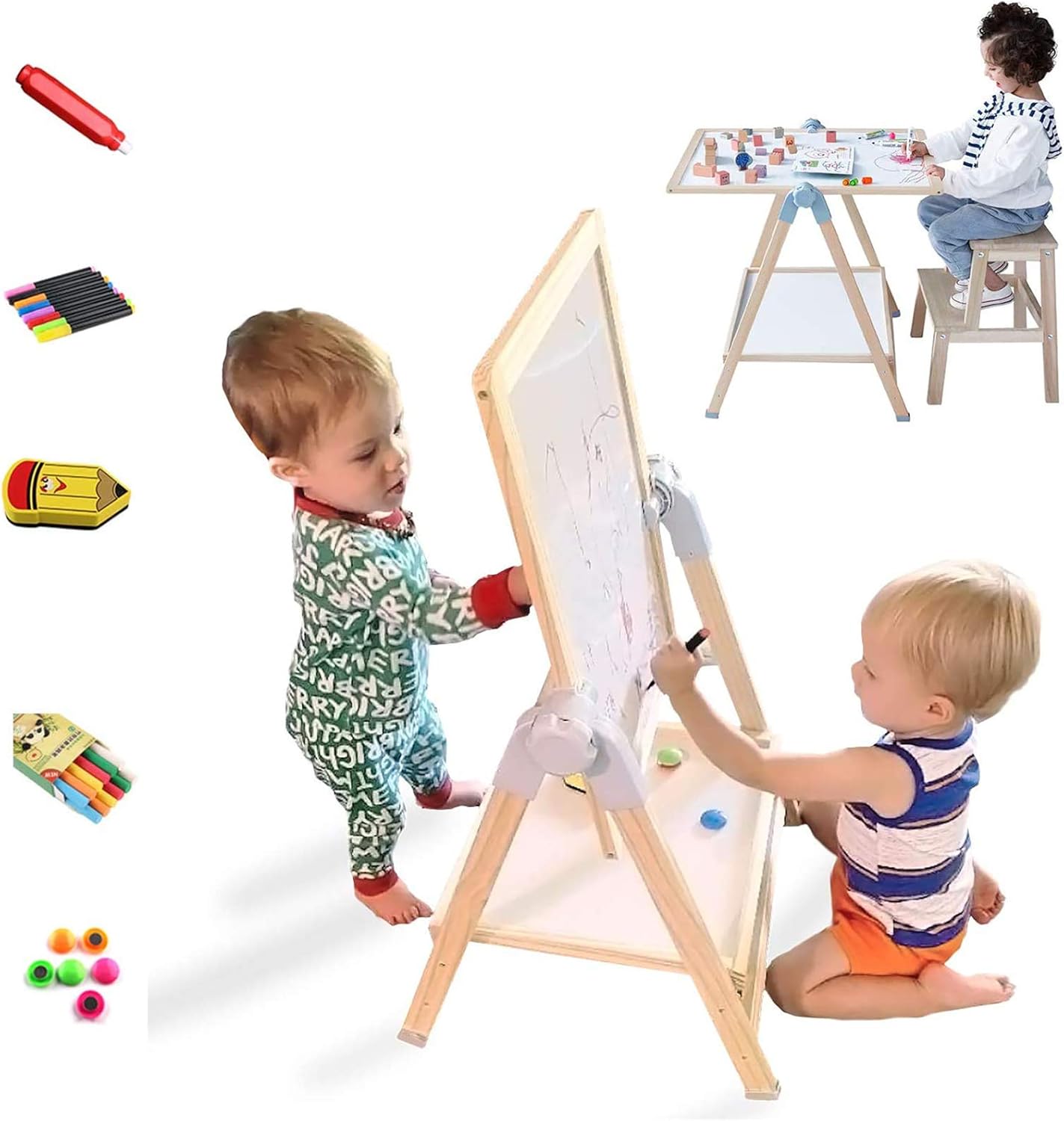 QZMTOY Kids Art Easel Set - Adjustable Double Sided Drawing Board