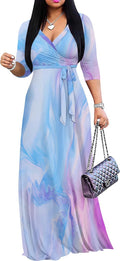 PinkPatty Plus Size Maxi Dress V Neck 3/4 Sleeves - Flowy Belted