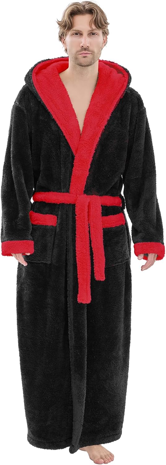 Mens Plush Robes Full Length Hooded Bathrobe for Comfort