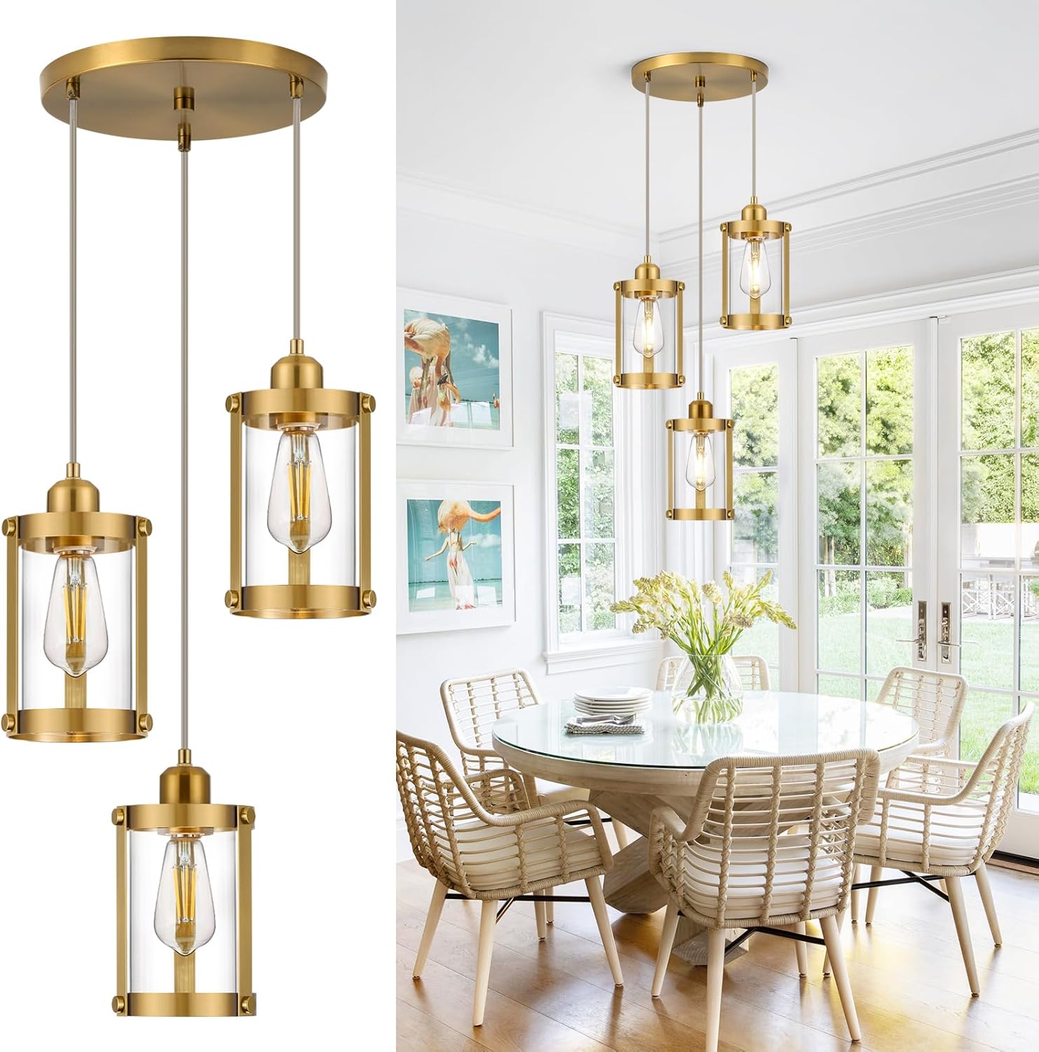3-Light Pendant Lighting for Modern Dining Room with Glass Shade