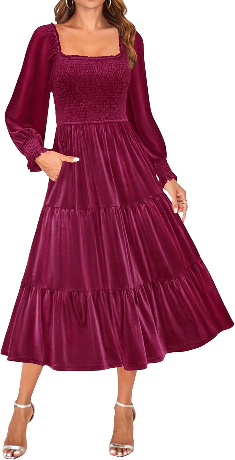 ZESICA Women's Velvet Long Sleeve Dress for Winter Elegance