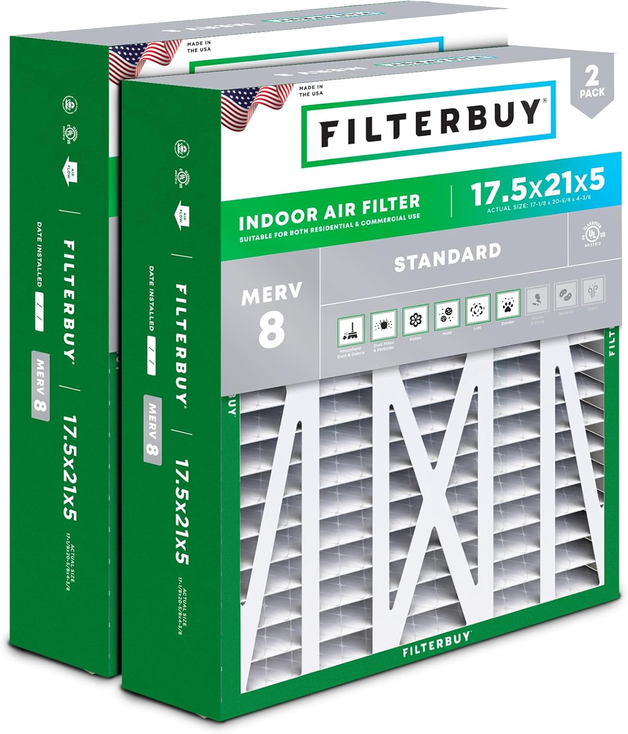 Filterbuy 17.5x21x5 Air Filter MERV 8 for Dust & Allergies