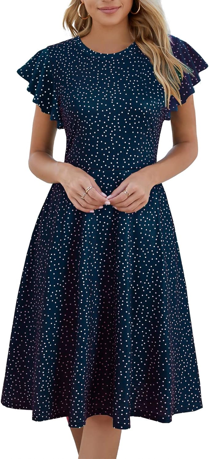 HELYO Women's Ruffle Sleeves V-Back Fit and Flare Dress
