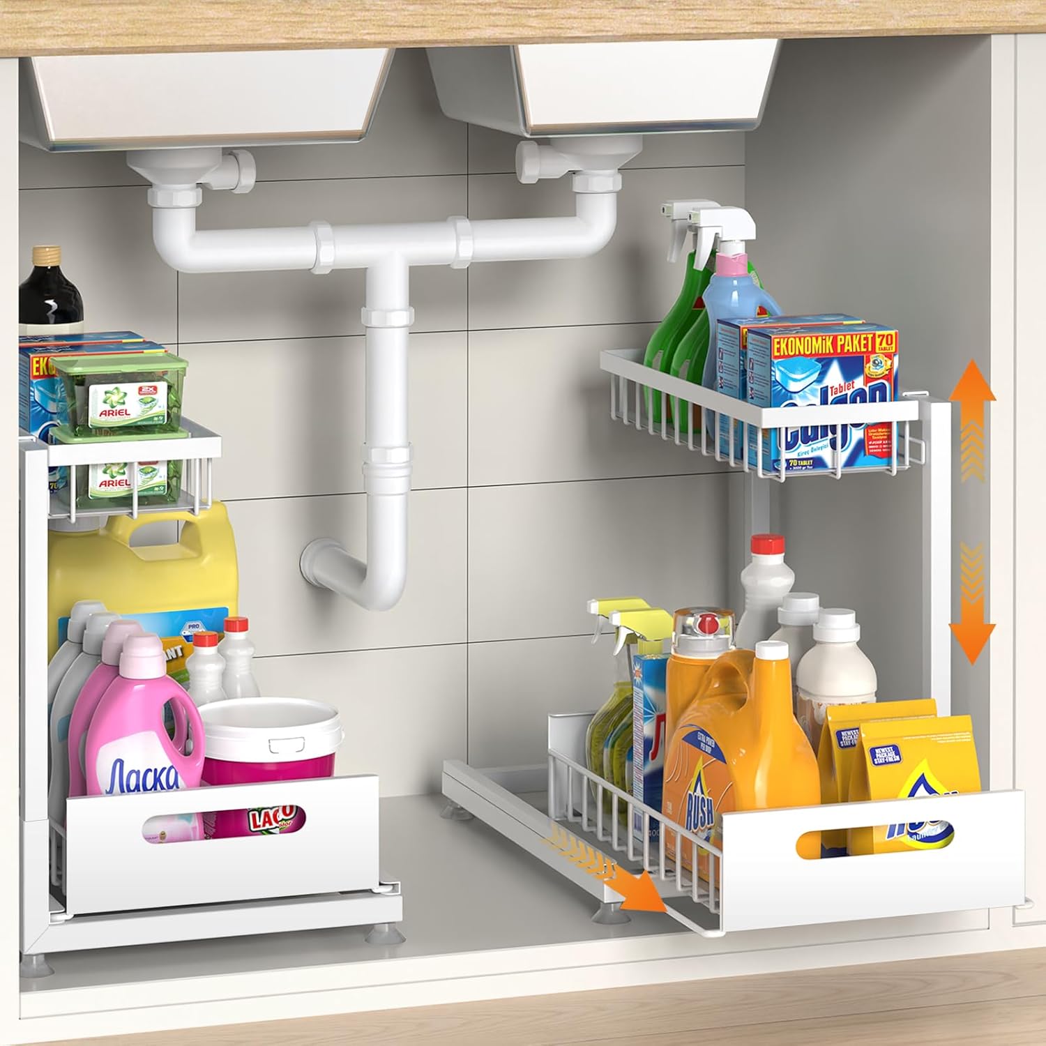 2 Pack Under Sink Organizer Storage with Premium Metal Racks