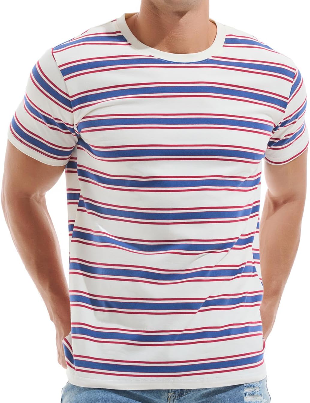 VEIISAR Men's Crewneck Striped T-Shirt for Comfort and Style