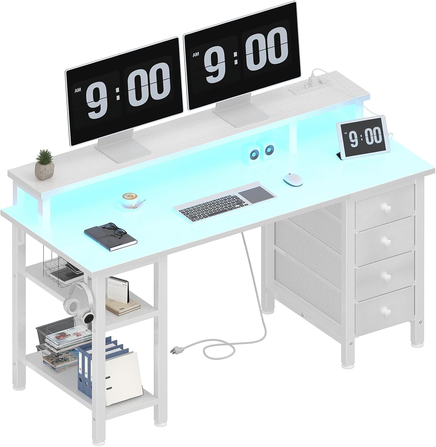 47 White Desk with LED Lights & Storage