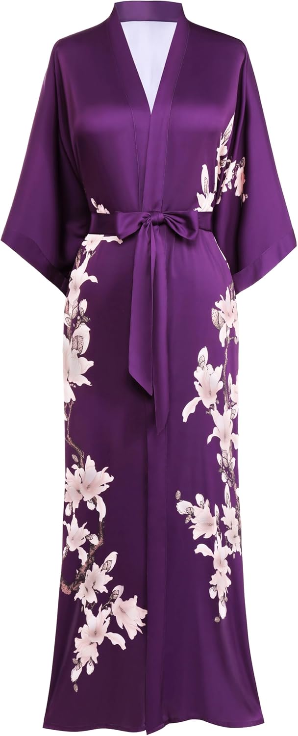 BABEYOND Kimono Robe Long Floral Satin Sleepwear for Women