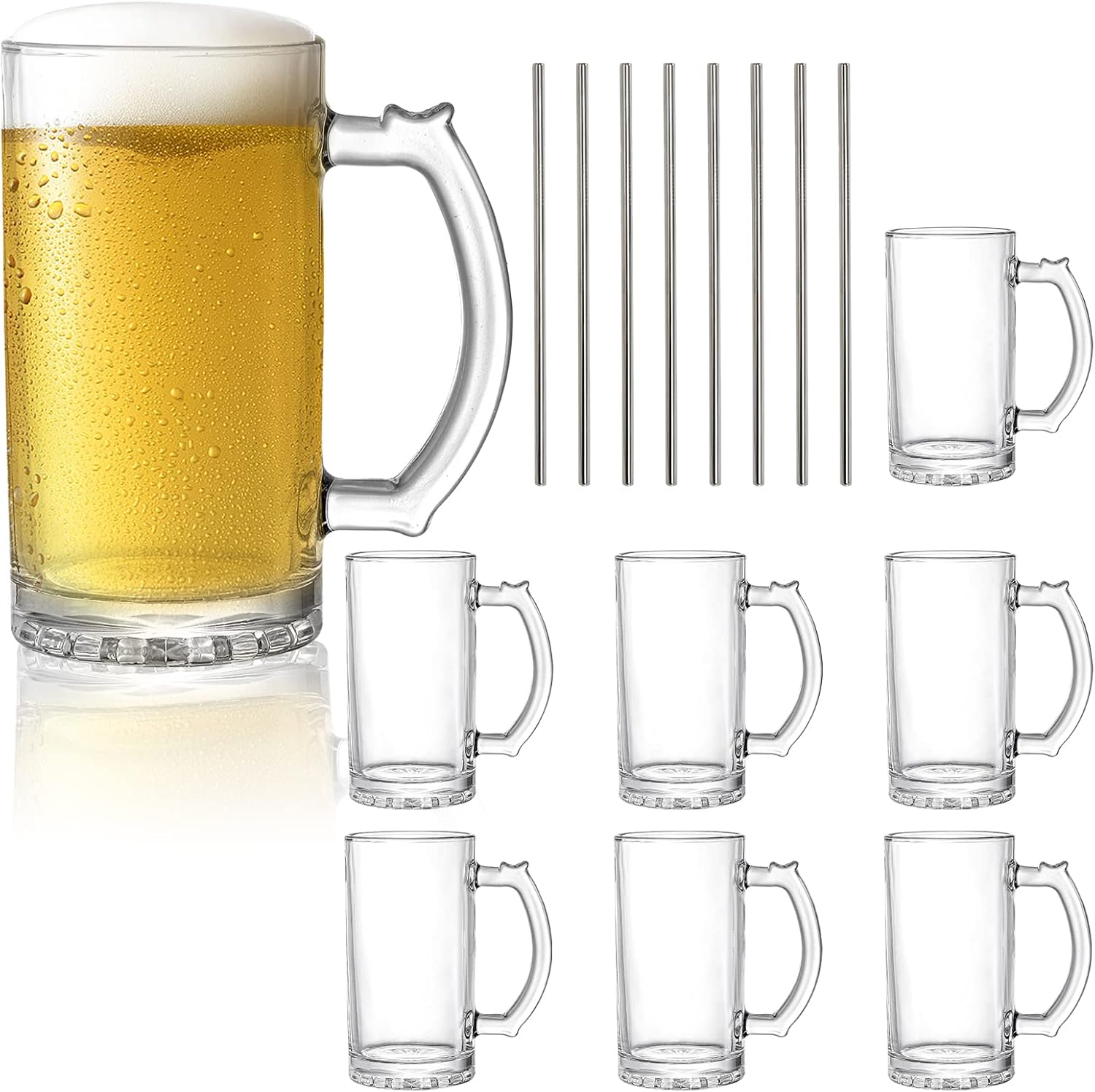 Okllen 8 Pack 16 Oz Glass Beer Mugs with Stainless Steel Straws