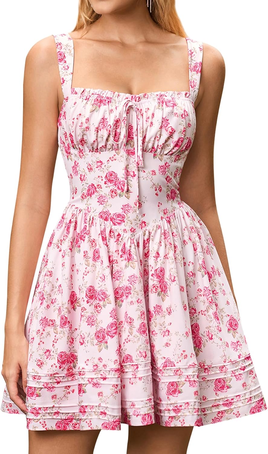 HTZMO Women Summer Casual Square Neck Mini Sundress for 2025