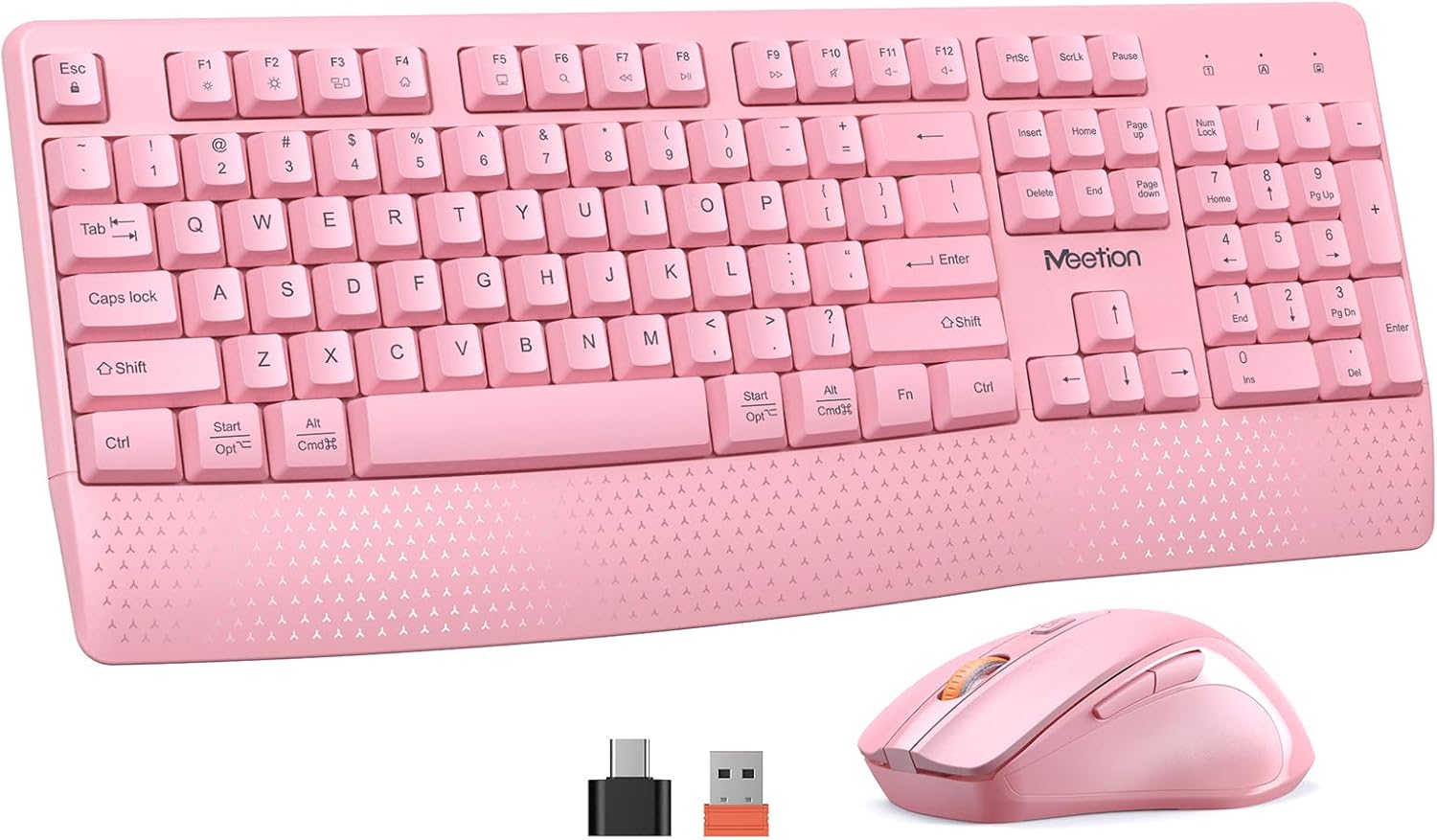 MEETION Wireless Keyboard & Mouse Set - Ergonomic Design, Cordless, 3 DPI, Pink
