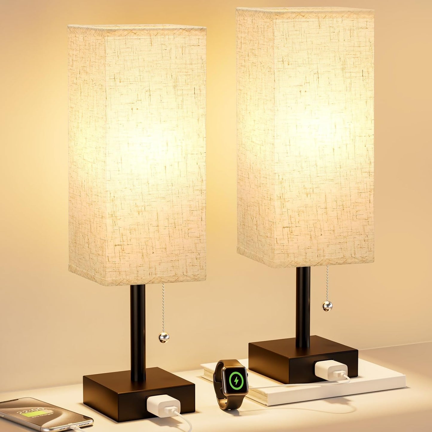 Fenmzee 2-Pack Nightstand Lamps - Stylish & Convenient Charging Port