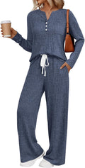 Womens 2 Piece Lounge Set Henley Neck Sweater and Pants - Comfy Travel