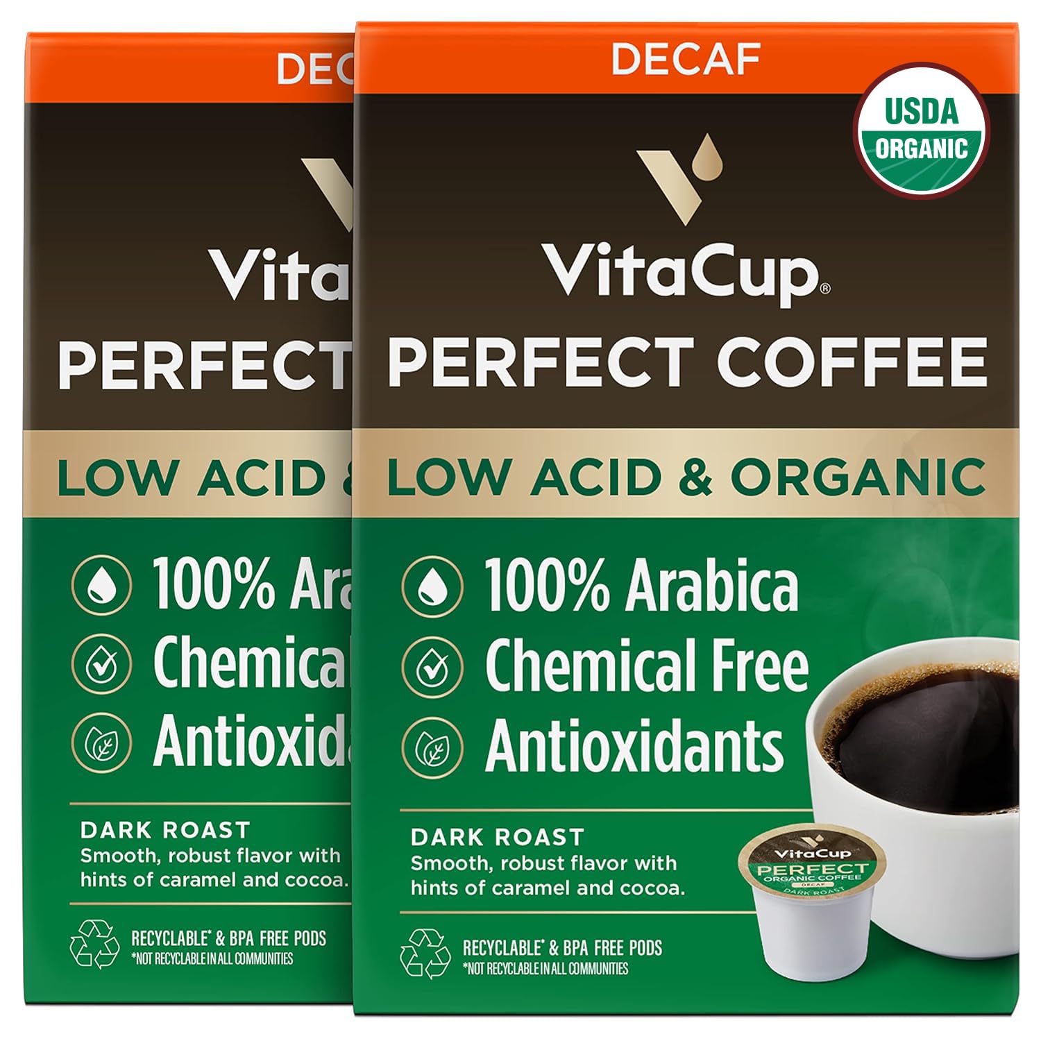 VitaCup Organic Perfect Dark Roast Decaf Coffee Pods for Energy