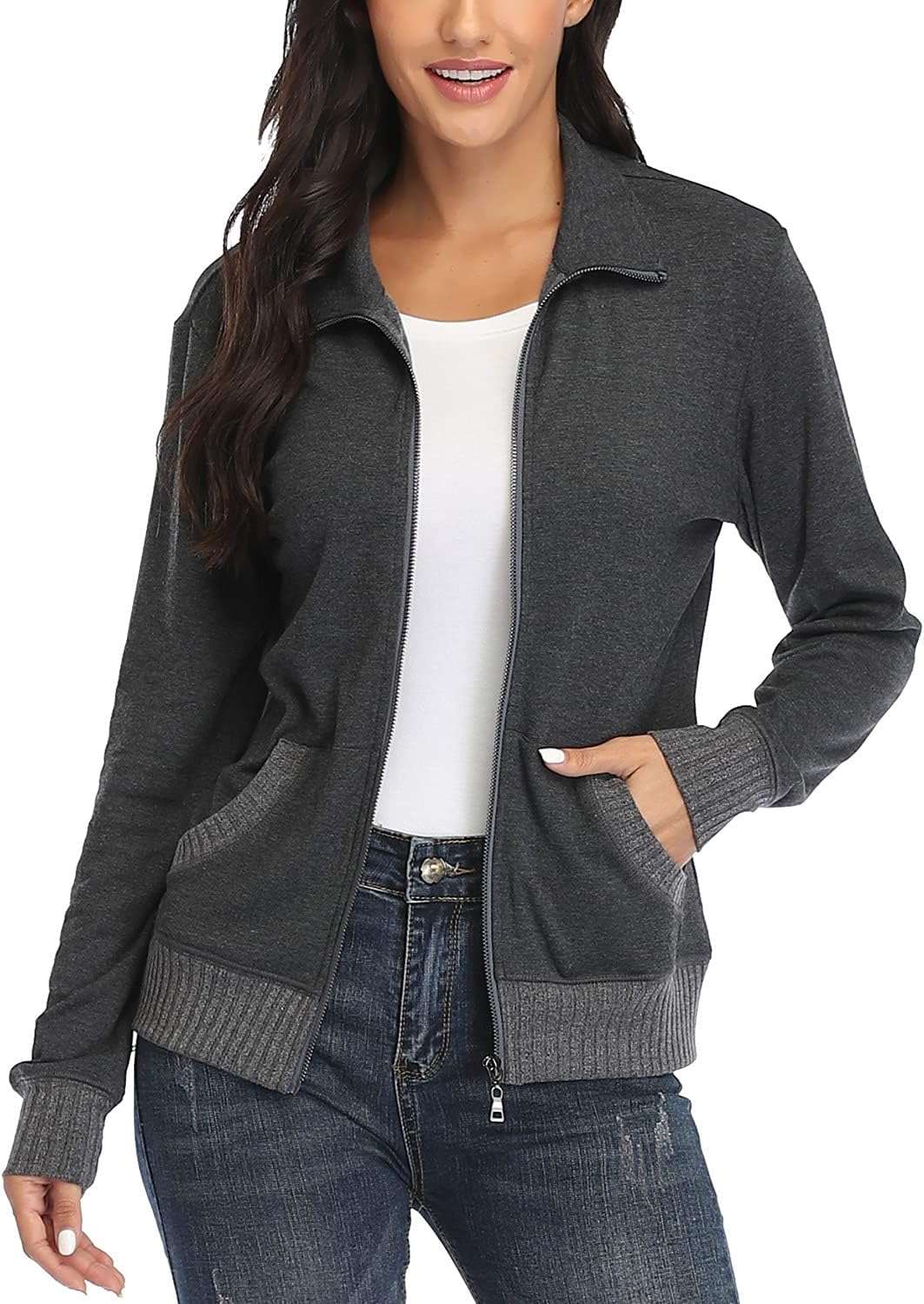 andy & natalie Women's Stand Collar Zip Up Jacket for Comfort