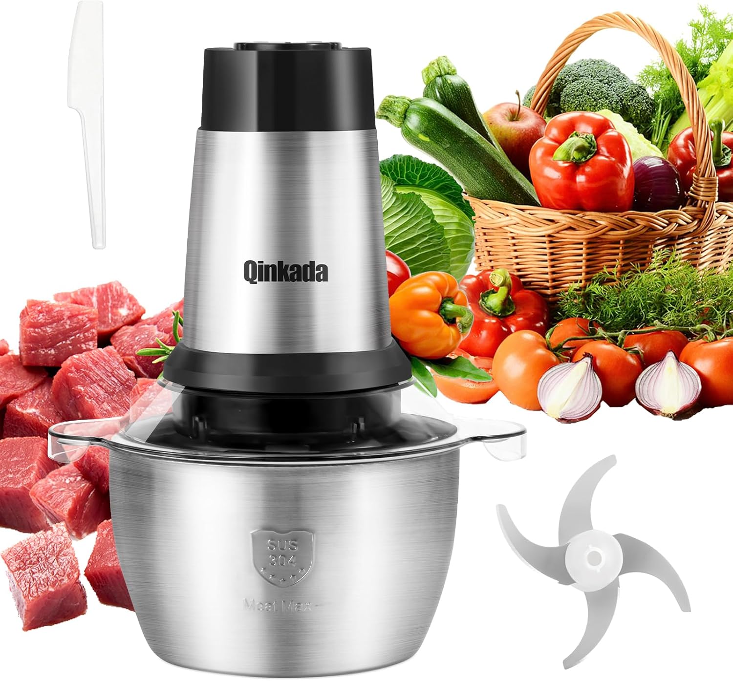 Powerful 500W Meat Grinder with 8Cup Stainless Steel Bowl