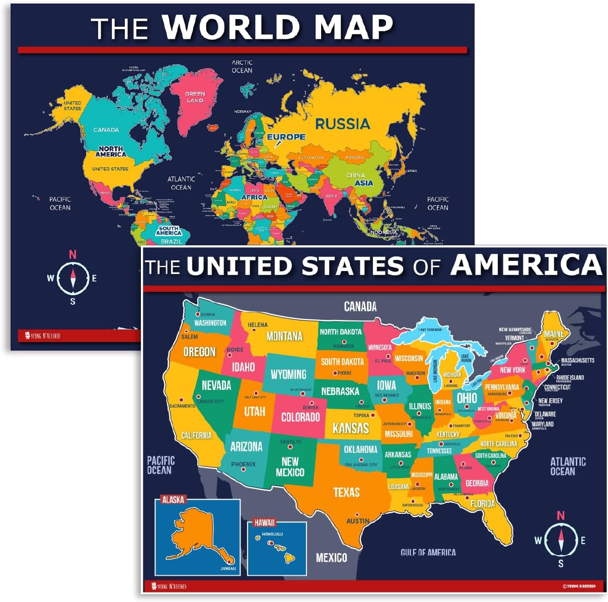 USA and World Map Poster 2 Pack for Kids - Extra Large Blue