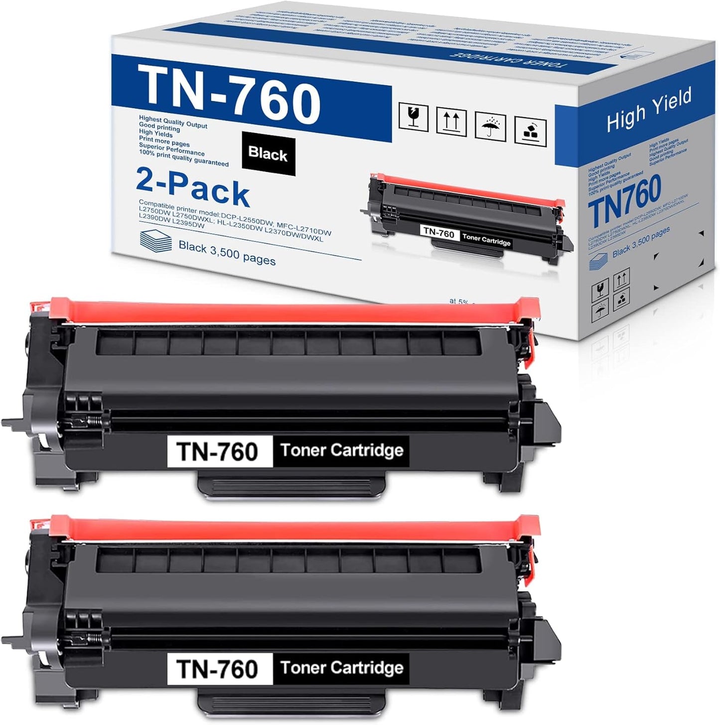 TN760 High-Yield Black Toner Cartridge Twin Pack for Brother Printers