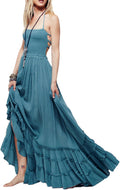 Womens Summer Boho Backless Long Dress - Cotton Rayon Halter Tie