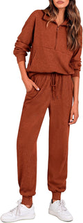Women's Fall 2 Piece Lounge Set - Ribbed Half-Zip Tracksuit