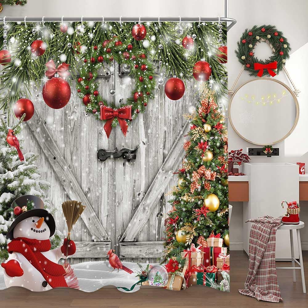 Rustic Farmhouse Christmas Shower Curtain Set - Vintage Winter Charm